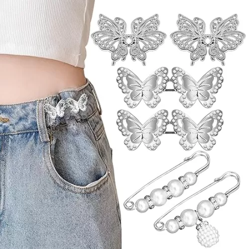 6-Piece Pant Waist Tightener - Butterfly & Pearl Style Trouser Clip - Reusable for Loose Jeans - No Sewing Required - Decorative Accessories - No Tools Required