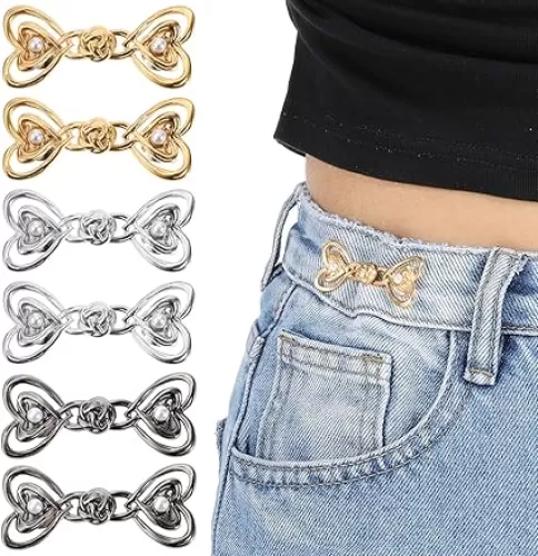 6 Set Pants Waist Tightener Heart Waist Adjuster for Loose Pants Jeans to Make Smaller Pearl No Sew Pants Clips for Waist No Sewing Decoration Accessories
