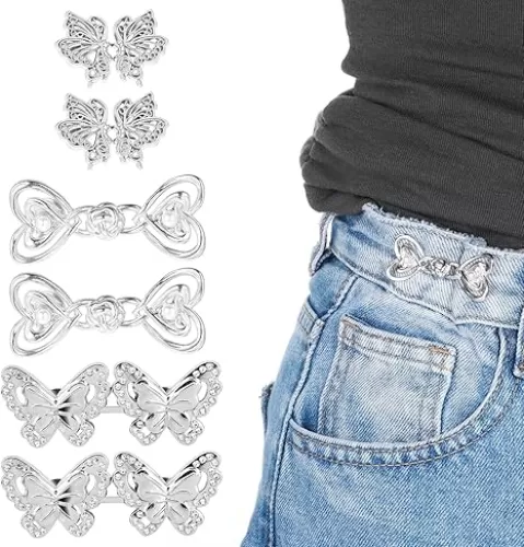 6 Sets Pants Jean Clips to Tighten Waist, Adjustable Pant Clips for Waist Tightener, Butterfly and Heart Shaped Pants Waist Tightener, Jean Pants Tightener for Waist for Loose Jeans(Silver)