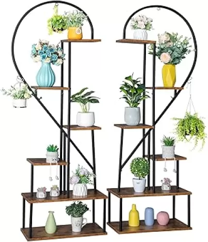 6 Tier Metal Plant Stand, Creative Half Heart Shape Ladder Plant Stands for Indoor Plants Multiple, Black Plant Shelf Rack for Home Patio Lawn Garden (2 Pack)