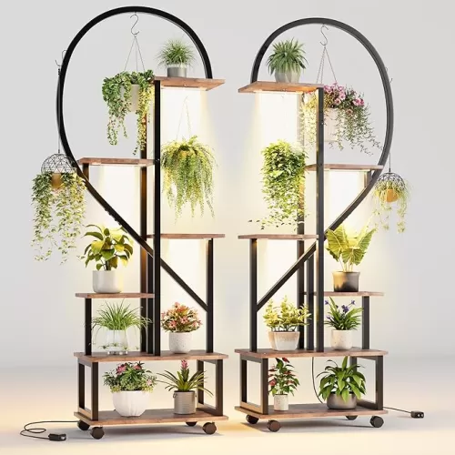 6 Tier Plant Stand with Grow Lights Metal Indoor Tall Plant Stand with Detachable Wheels Half Heart Shape Plant Stands with Drawers Plant Shelf Rack for Home for Patio Lawn Balcony, 2 Pack, Brown