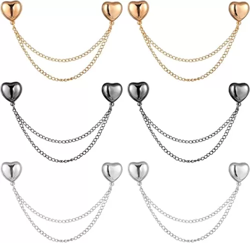 6pcs Magnet Clothing Pins, Metal Magnetic Clothing Clips with Chain Multi-Use Strong Magnet Pin Magnetic Button Clips for Fixing Hem of Hijab Clothes Long Pants Legs Sleeves of Shirts(Heart Style)