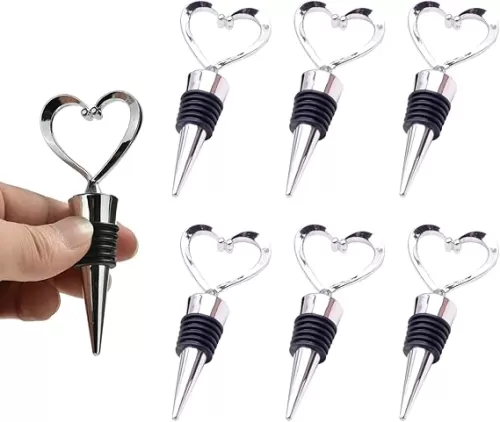 6PCS Wine Stoppers, Heart Shape Leak Proof Bottle Stopper, Zinc Alloy Silicone Champagne Stopper, Reusable Wine Cork for Standard Bottles for Bar, Holiday, Party, Wedding, Camping