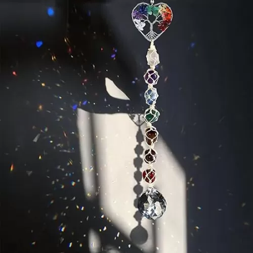 7 Chakra Suncatcher Wall Ornament, Heart-Shaped Tree of Life Chakra Crystals Healing Hanging Ornament, 5cm Rainbow Crystal Prism Suncatcher for Home, Car and Party(5cm Rainbow Heart)