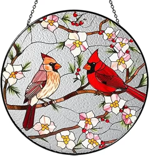7.8" Cardinal Bird Stained Glass Suncatchers Art Glass Birds and Flowers for Sun Catcher Indoor Window Gifts for Women Mom Grandma Nature Floral Lovers Friend Painted Panel Décor BIRD-22B-SG8