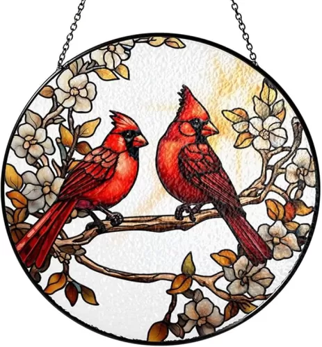 7.8" Cardinals Stained Glass Suncatcher, Red Birds Suncatcher for Window Hanging, Decor for Home Garden Housewarming, Cardinal Gift for Women, Girl, Mom, Grandma, Friend BIRD-41B-SG8