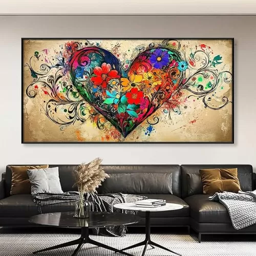 Abstract Canvas Wall Art - Flower Heart, Graffiti, Vintage Floral, Love Heart Shaped Decor - Living Room Wall Art (Black Frame, 31"x15" | 80x40cm)