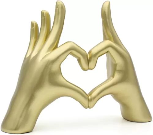 Accessoryway Gold Heart Hands Decor Sculpture, Small Love Heart Gesture Decorative Sign Sculpture for Wedding Dresser Shelves Desktop Knick Knacks Home Decor & Ring-Holder Display Stand