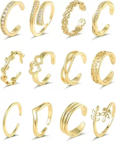 Akeoqi 12PCS 18K Gold Plated Toe Rings CZ Daisy Flower Leaf Heart Knot Band Open Tail Ring Beach Foot Jewelry Sets For Women Men Gold Silver Tone