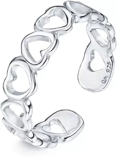 Amberta Adjustable 925 Sterling Silver Toe Ring for Women | Wave Hearts Flower Dolphin Crown Leaf Boho Foot Jewelry