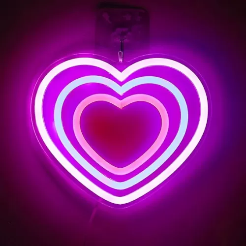 Attivolife Heart Neon Sign Acrylic, Pink Blue 3 Color LED Art Lamp with USB Powered, Love Shaped Colorful Neon Light for Girl