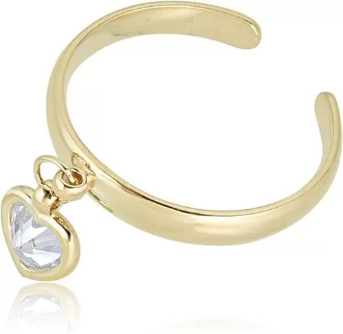 AVORA 10K Yellow Gold Adjustable Dangle Heart Toe Ring with Simulated Diamond CZ