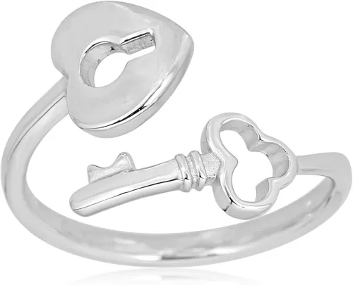 AVORA 925 Sterling Silver Adjustable Key and Heart Lock Bypass Toe Ring