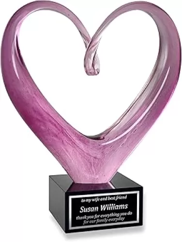 Award for Wife - Pink Heart Shaped Art Glass - Customized Trophy for Wife of The Year, Mom or Girlfriend - Personalized Gifts for Women - 9 Inches Tall