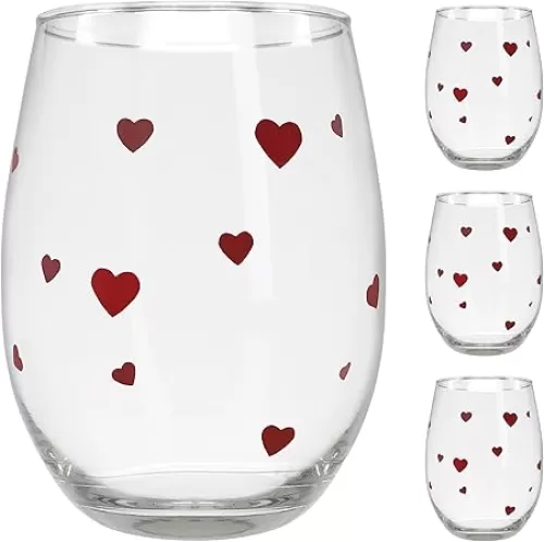 BANBERRY DESIGNS Hearts Wine Glasses - Set of 4 - Stemless - Each Glass Spinkled with Red Hearts - 20 oz Capacity