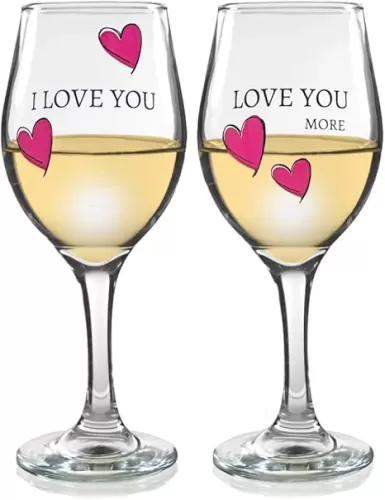 BANBERRY DESIGNS His and Hers Wine Glass Set - I Love You, Love You More - Set of 2 - Sweethearts Wine Glasses with Decorative Hearts - Romantic Glassware - 7 3/4" H and 12 oz Capacity