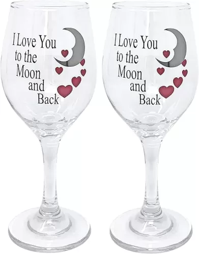 BANBERRY DESIGNS Sweetheart Wine Glasses - Set of 2 - I Love You to the Moon & Back with Red Hearts - Love, Anniversary, Wedding, Christmas, Valentines, & Engagement -12 oz Capacity