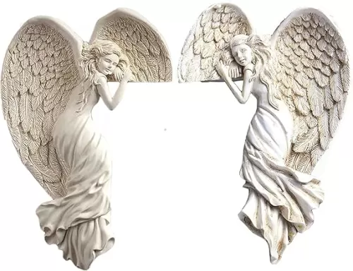 BEERBINGER 2PCS Door Frame Angel Decor Statues Ornaments with Heart-Shaped Wings Sculpture in Your Corner Resin Wall Crafts for Home Living Room Bedroom Decoration, White, 16x11cm/6.50x4.50in
