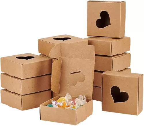 BENECREAT 30 Packs Kraft Paper Boxes with Heart Window 3x3x1.2 Cardboard Gift Boxes for Wedding Party Favor Treats, Jewelry, Mother's Day Festival Gift Packaging