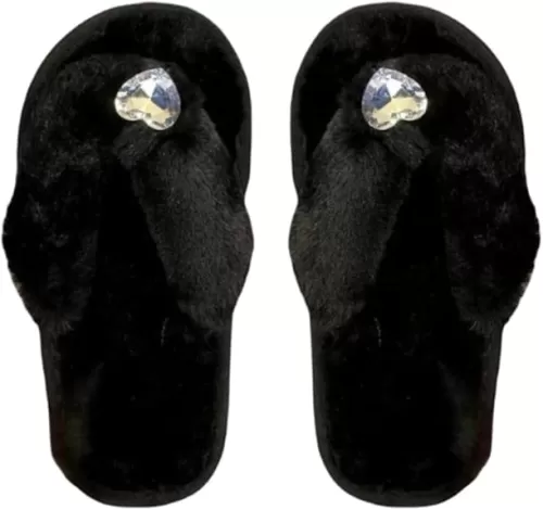 Bling Fuzzy slippers Cute Heart Shaped Rhinestone Women's Fluffy flip-flops for Indoor and Outdoor
