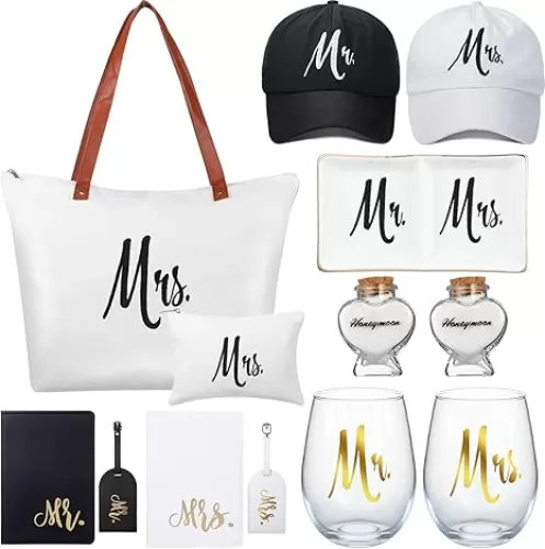 Bonuci 13 Pcs Wedding Mr and Mrs Gifts Set Include Bride and Groom Hats, Stemless Wine Glasses, Passport Holder Luggage Tags, Mrs Canvas Tote Bag with Makeup Bag, Ring Dish Heart Shape Glass Jar Gifts