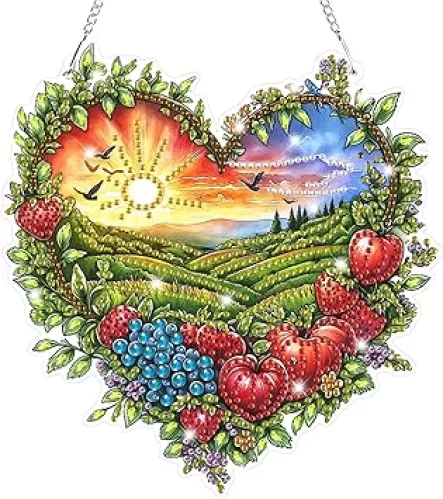 Bowetile Heart Shape Diamond Art Hanging Fruit Kits for Adults, 5D Special Shape Diamond Painting Landscape Window Pendant Kits, Gem Art Suncatchers Ornament for Home Garden Wall Decor