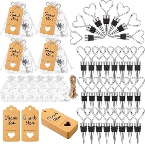 Buryeah 60 Set Heart Shaped Wine Stoppers Bulk Wedding Party Favors Love Design Beverage Bottle Stoppers with Sheer Bags, Labels, Ropes for Engagement Bridal Shower Gifts(Silver)