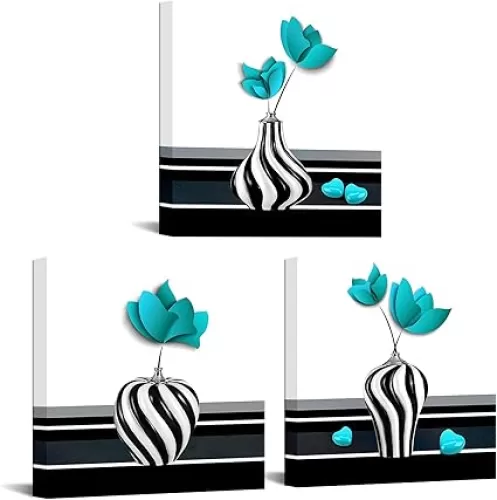 Canvbay 3 Panel Teal Flowers in Vase Canvas Wall Art Turquiose Love Heart Shape Art Prints Black and White Abstract Floral Framed Picture Painting Giclee Artwork 12x12inchx3pcs