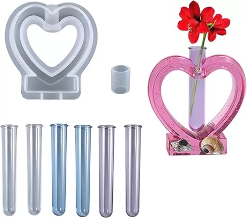 Cayway Resin Mould for Plant Propagation Station, Heart-Shaped Vase Mould Vase Silicone Moulds for Resin Casting with 6 PCS Acrylic Test Tubes for Hydroponic Plants, Home Office Decor