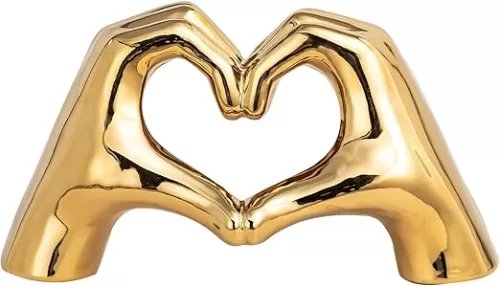 Ceramic Gold Heart Hand Sculpture for Home Décor Living Room, Unique for Women, Birthday Gift for Girlfriend and Sister. Home décor for Room Bookshelf Tableware and Office Desk.