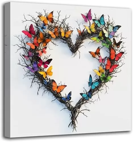 CHAOSETKEN Heart Shaped Branches Wall Art Colorful Butterfly Canvas Prints Heart Shaped Tree Poster Pictures Romantic Love Artwork for Bedroom Decor Framed (Black, 12L x 12W)