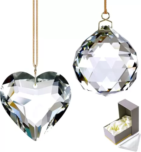 Clear Crystal Suncatcher, 40mm Ball + 45mm Heart, Handmade Prism Pendant for Windows, Outdoor Indoor Hanging Ornament, Rainbow Maker Gifts for Mom, Grandma, Friends（Clear