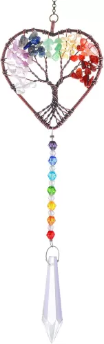 cobee Rainbow Heart Shaped Sun Catcher, Crystal Tree of Life Suncatchers Hanging Ornament Chakra Stones Window Crystal Ball Prism Pendant Garden Home Car Decor