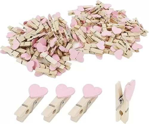 Coshar Pack of 100 Pink Heart Clothespins Mini Wooden Clothes Pins Multipurpose Craft Clips for Wedding Party Decor and Picture Clothes Crafts Holder