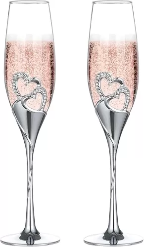 Creative Heart Set with Diamonds Champagne Flutes - Wedding Glasses for Bride & Groom - Toasting Cups Gift Sets for Couples - Engagement, Wedding, Anniversary, House Warming, Hostess Gift (Silver)