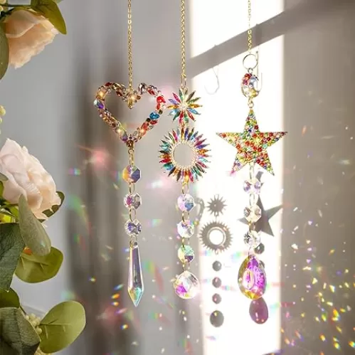 Crystal Suncatchers for Windows-3PCS Stained Glass Hanging Ornaments with Star & Heart Pendants, Rainbow Light Catchers for Home Garden Decor, Unique Gifts for Mom Women Mother's Day Birthday