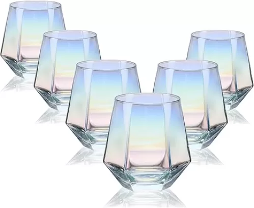 CUKBLESS Wine Glasses Set of 6 (10 Oz), Stemless Wine Glass for Red and White Wine, Iridescent Diamond Shaped Glassware for Whiskey, Cocktail, mixed wine, soft drink, and more