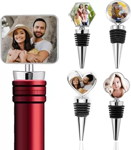 Custmized Wine Bottle Stopper with Photo Picture Logo Any Text Print, Personalized Heart/Squre/Flower/Hexagon/Circle Shaped Stoppers Reusable Wine Saver Corks for Gifts, Bars
