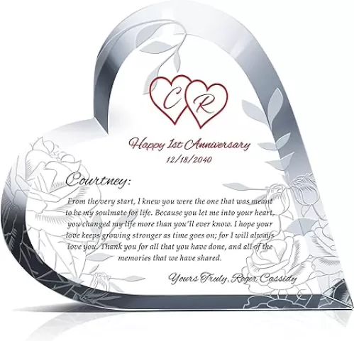Custom Heart Shaped Crystal Gift Plaque for Wedding Anniversary for Him or for Her, Personalized with Couple Name and Anniversary Date, Unique for Husband or Wife (S - 5.5")