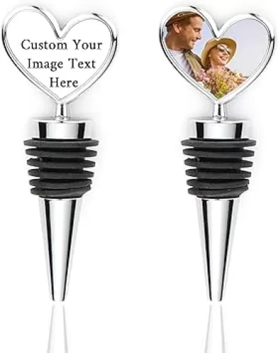 Custom Photo Logo Wine Bottle Stopper Personalized Heart Shape Cover Bottle Plug Customized Name Image Text Picture Reusable Metal Wine Saver Corks for Gifts Holiday Parties Weddings Bars