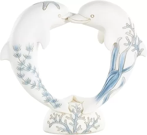 Deco 79 Polystone Dolphin Decorative Sculpture Heart Shaped Home Decor Statue with Blue Coral Patterns, Accent Figurine 9" x 3" x 8", White