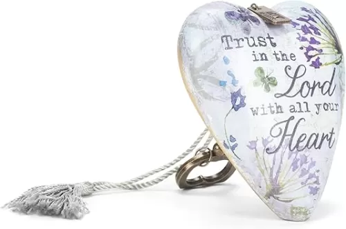 DEMDACO Trust In The Lord With All Your Heart Purple Floral 4 x 3 Inch Heart Shaped Resin Keepsake Art Hearts Decoration with Key and Tassel