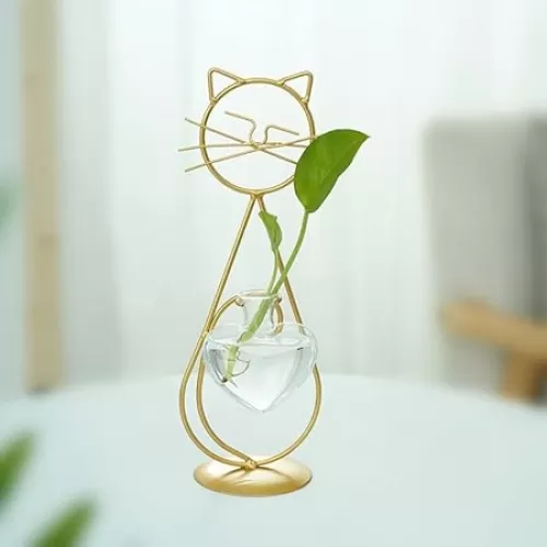 Desktop Cat Plant Vases Heart-Shaped Small Glass Flower Vase with Gold Metal Stand Propagation Station Plant Holder for Home Wedding Decor (Gold Stand Cat)