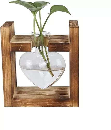 Desktop Glass Vase with Vintage Wooden Frame, Creative Heart Shaped Vintage Style Hydroponics Vase, Plant Terrarium Stand for Home Office Garden Decoration Plant Lover(Retro Box + 1 Heart Bottle)