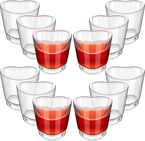 Domensi 12 Pcs Heart Shaped Shot Glasses Set 1. 5 oz Valentine Clear Cute Mini Shot Glasses Heart Cup for Soju Whiskey Tequila Vodka Liquor Christmas Party