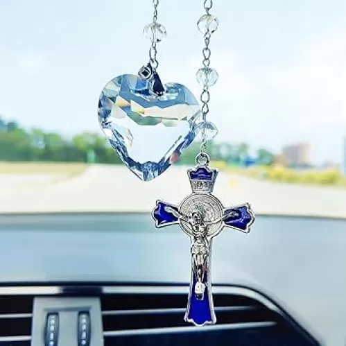 Elegant Cross Rear View Mirror Accessories, Crystals Sun Catcher Car Mirror Hanging Accessories, Heart-Shaped Crystal Pendant Suncatcher Car Decor, Hanging Ornament for Blessing and Positive Energy