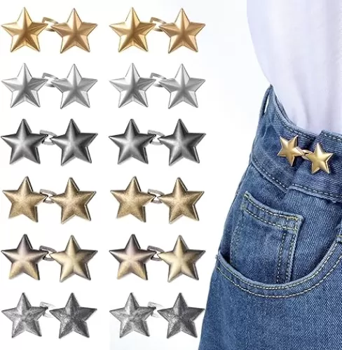 ElevateTech 12Pcs Pant Waist Tightener Star Pin Adjustable Waist Body Fit Tighten Buckles Removable No Sewing Required Style Decoration Accessories Women Skirt Pant Jeans (Silver Gold)