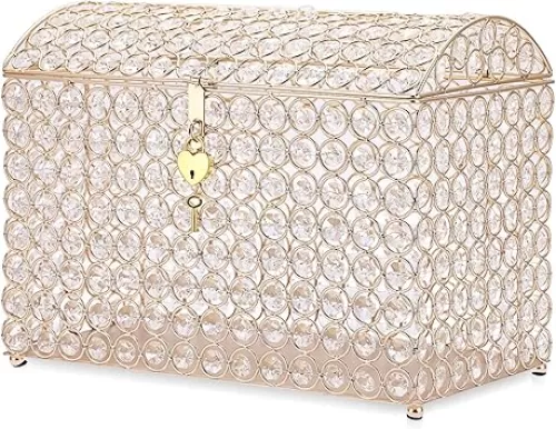 ELLDOO Crystal Wedding Card Box with Heart Lock, Money Card Box Treasure Chest Style Gold Gift for Wedding Receptions, Centerpiece Decor, Anniversary, Keepsake