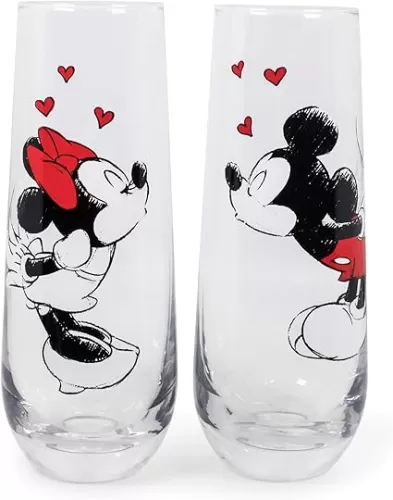 Exclusive Mickey and Minnie Mouse Kiss Hearts 2-Pack Stemless Fluted Glassware Set | Disney Kitchen Accessories | Drinkware For Home Bar, Couples Gift Housewares | Each Glass Holds 9 Ounces