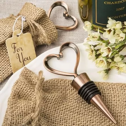 Fashion Craft Heart Shaped Metal Bottle Stopper in a Copper Plated Finish in a Burlap Bag, One Size, Brown